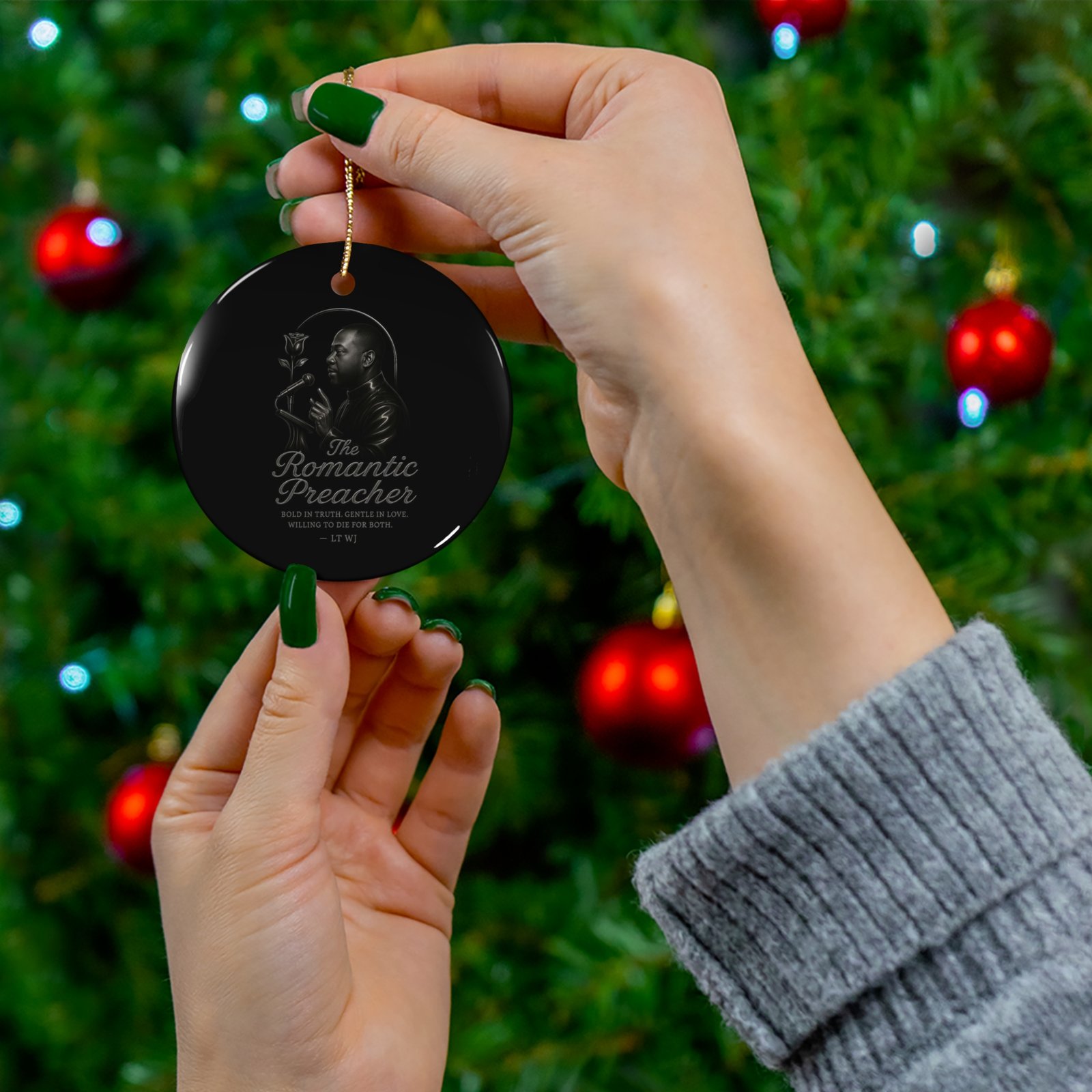 Ceramic Ornament — "The Romantic Preacher" Black Decorative Holiday Ornament - Image 3