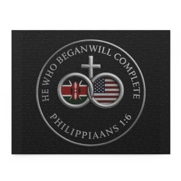 Philippians 1:6 Kenya & USA Flag Christian Puzzle — He Who Began Will Complete (120/252/500-piece)