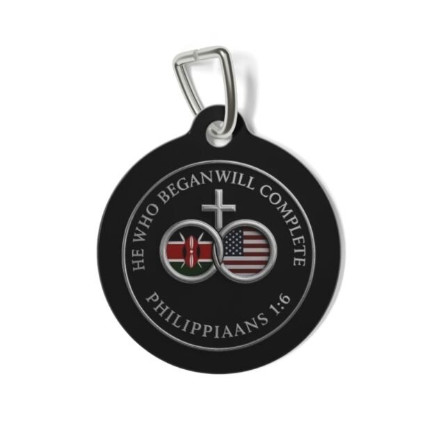 Christian Kenya-USA Flag Pet Tag — "He Who Began Will Complete" (Philippians 1:6)